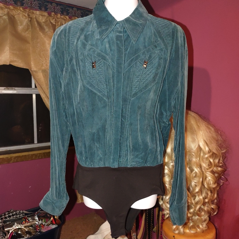 J. Harris Vintage Faux Suede Green Long-Sleeved Body Suit M